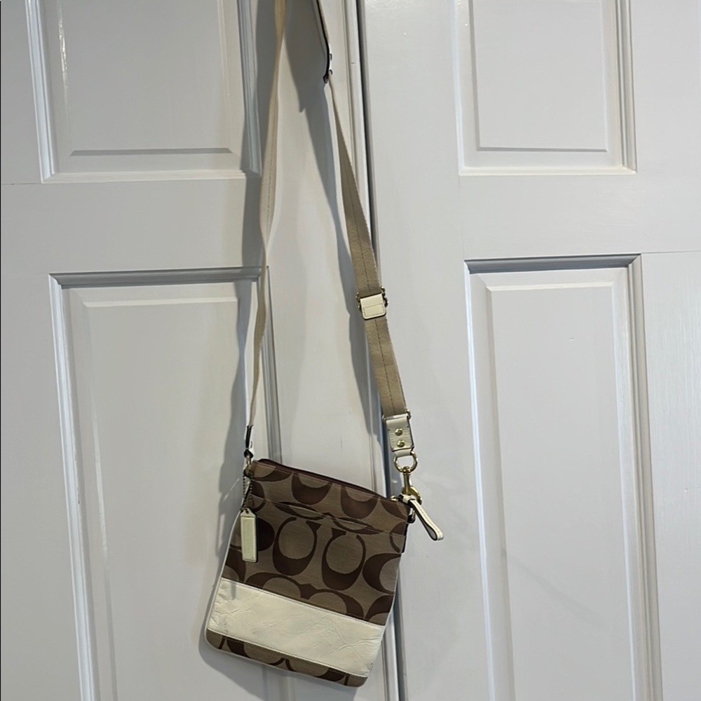 COACH Earthy Brown and Cream Crossbody Bag with Coach logo pattern